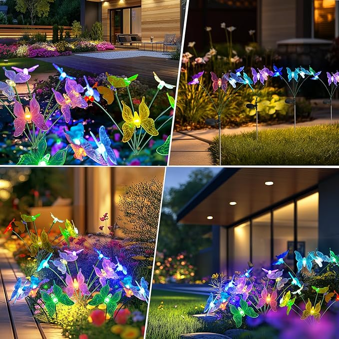 Solar Garden Lights, 2 Pack with 8 Butterfly Swaying Solar Lights Outdoor Decorations, Multi-Color Changing LED Solar Light Stakes, Solar Yard Lights for Garden Patio Lawn Yard Pathway Decor