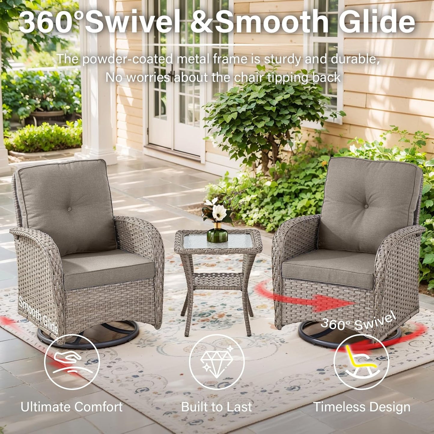 Expansive 10 Pieces Outdoor Patio Furniture Set with 43” Propane Fire Pit Table, Patio Conversation Set with Swivel Rocker Outdoor Chairs Set of 4 and Sofa, Ottoman and Wicker Side Table Gray