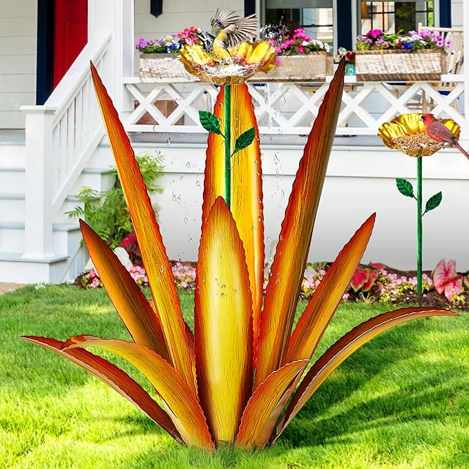 Upgraded Large Metal Yard Art, Metal Agave Plant Yard Decorations Outdoor Sculpture, Metal Flowers for Outside, Waterproof Outdoor Garden Decor (Yellow + Bird Feeder)