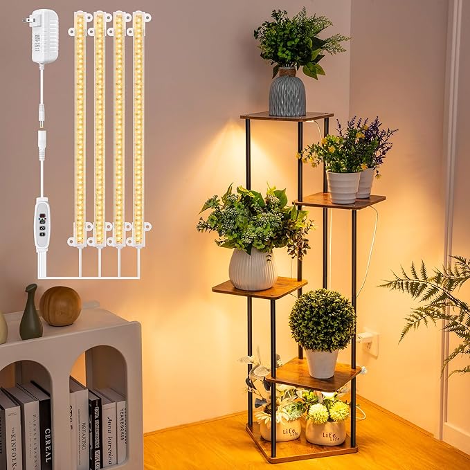 Dreyoo Plant Stand with Grow Light Indoor, 5 Tier 5 Potted Sturdy Metal Plant Shelf, Multiple Plant Holder Tall Plant Ladder for Display Plant Flower Corner Living Room Office (Black, Brown)