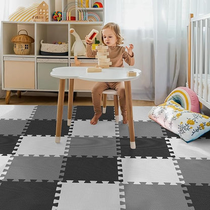 36Pcs Baby Play Mat for Floor, Foam Floor Tiles for Kids with Interlocking, Squares Foam Puzzle Carpet for Playroom,Crawling Rug for Babies 6-12 Months,Toddlers,11.8*11.8*0.6In Each,Grey White Black