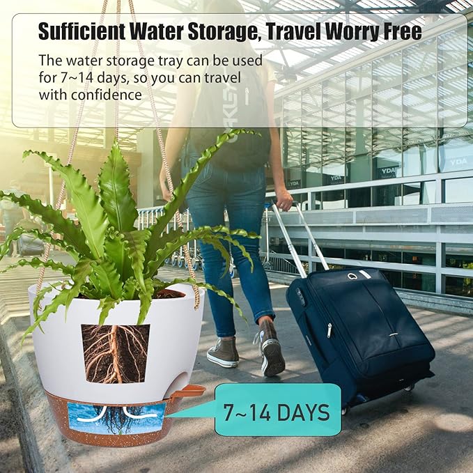 8 inch Hanging Planters, 2 Pack Self Watering Hanging Pots with 20oZ Deep Reservoir for Indoor Outdoor Plants Flowers, White with Brown