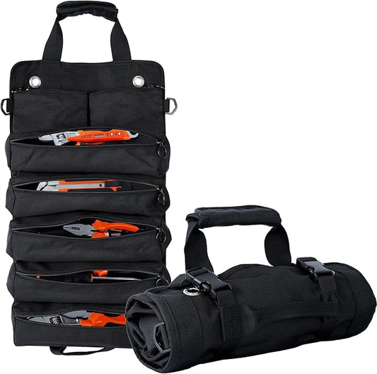 Portable Foldable Roll-Up Waterproof Tool Bag Organizer with 5 Compartments & 2 Detachable Pouches, Heavy-Duty Tool Pouch Bag, Dad Men Electrician Mechanic Gifts