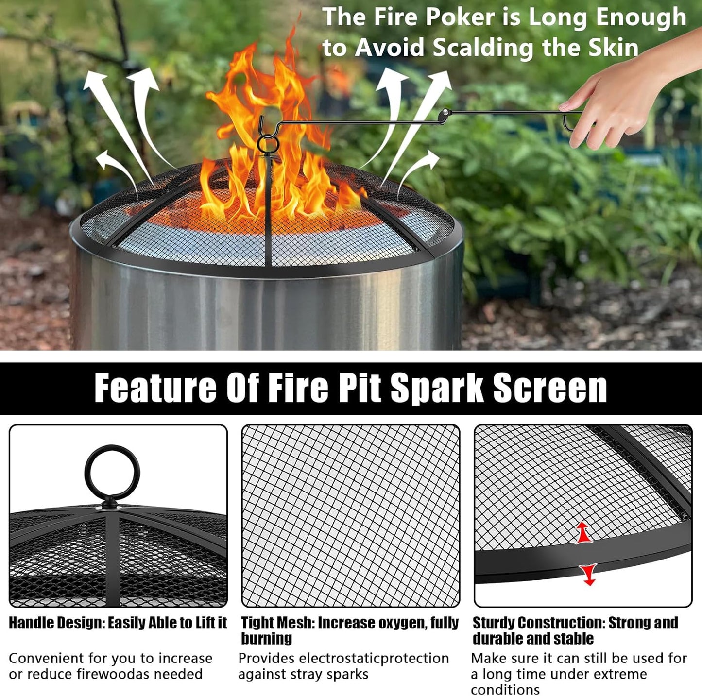 Fire Pit Spark Screen, Fire Pit Screen 40 Inch Round with Handle & Poker, Collapsible Heavy Duty Mesh Fire Pit Cover Fire Pit Lid for Outdoor/Patio/Backyard/RV Camping/Beach