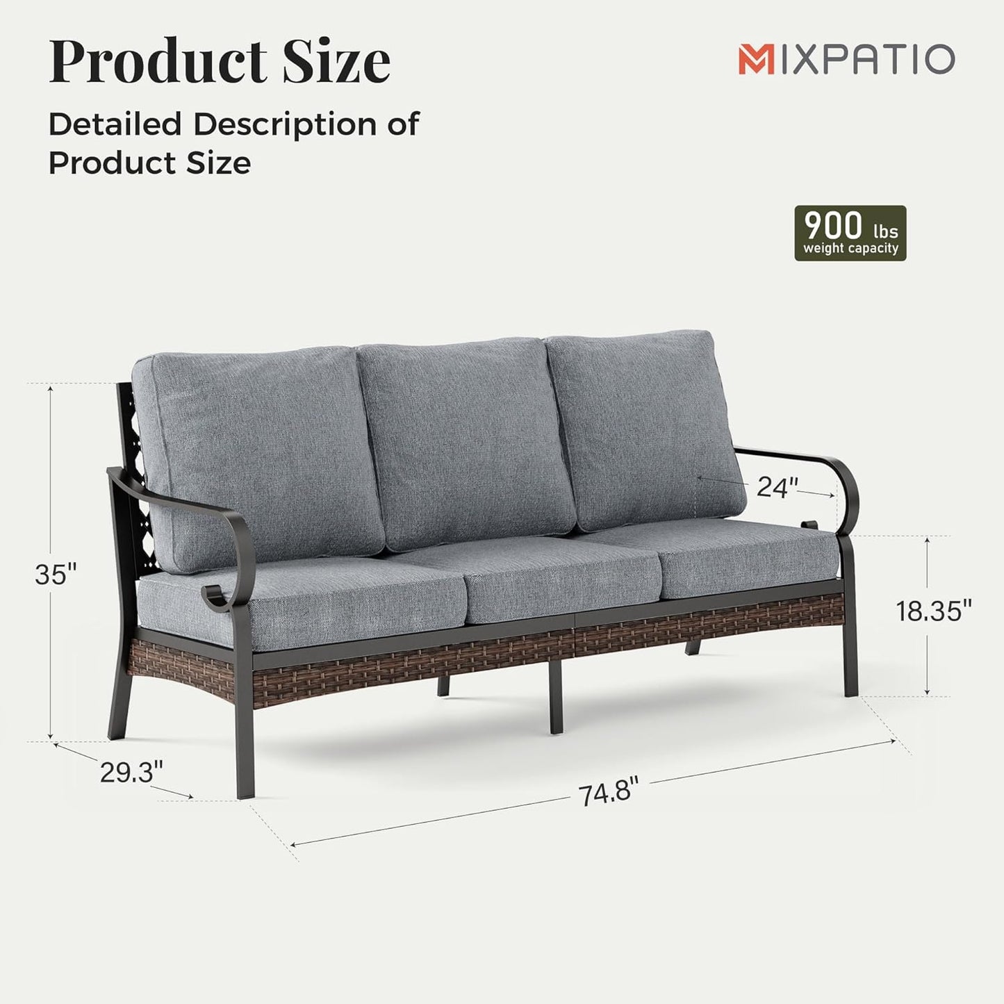 Patio Furniture Sofa, 3-Seat Patio Sofa Steel Frame Outdoor Sectional Couch with Deep Seating and 5.75” Cushions for Lawn Backyard Porch Deck, Grey