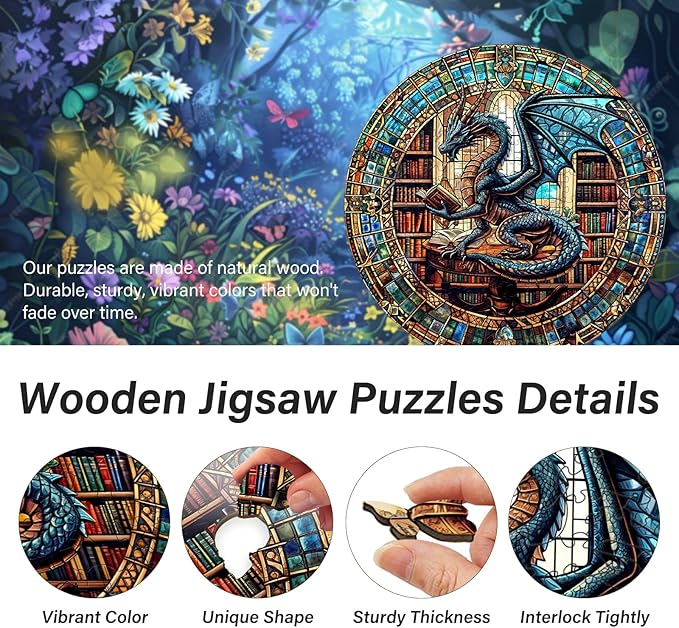 WOODBESTS Wooden Puzzles for Adults (505 Piece, XL, 17.3"x17.3") Dragon's Library Wood Puzzle Adult, Unique Wooden Animal Jigsaw Puzzles, Family Game and Birthday Gifts for Friend