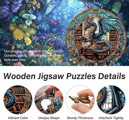WOODBESTS Wooden Puzzles for Adults (300 Piece, L, 13.4"x13.4") Dragon's Library Wood Puzzle Adult, Unique Wooden Animal Jigsaw Puzzles, Family Game and Birthday Gifts for Friend