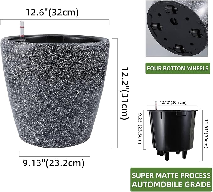 Dexceder 13x12 Self Watering Planter with Wheels Indoor Outdoor, Inner Pot Design, Thickened Large Floor Standing Flower Plant Pot with Water Level Indicator (Stone Matte)
