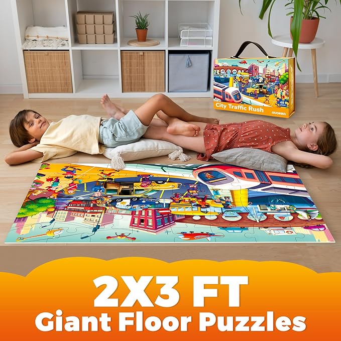 QUOKKA Giant Floor Puzzle for Kids Ages 4-6 – 2x3 Feet Extra-Thick 48 Pieces Toddler Puzzle Ages 3-5 – City Cars Educational Activity for Boys Girls – Premium Box with Sturdy Handle & Magnetic Closure