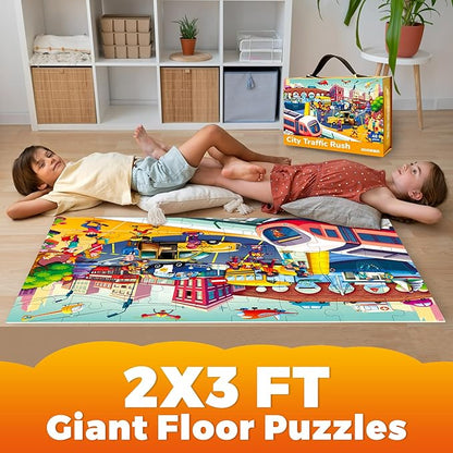 QUOKKA Giant Floor Puzzle for Kids Ages 4-6 – 2x3 Feet Extra-Thick 48 Pieces Toddler Puzzle Ages 3-5 – City Cars Educational Activity for Boys Girls – Premium Box with Sturdy Handle & Magnetic Closure