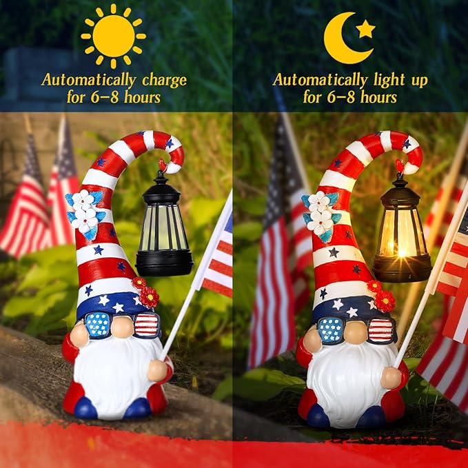 VIHOSE 11.8 Inch 4th of July Patriotic Solar Gnomes Statues USA Solar Gnome Outdoor Figurine Lights for Outside Lawn Ornaments Garden Porch Patio Balcony Yard Fourth of July Gifts for Mom Women