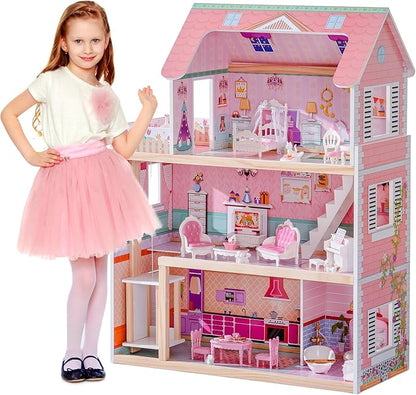 ROBUD Wooden Dollhouse, Doll House Playset with 24-pcs Exquisite Accessories, Working Elevator, Gift for Ages 3+