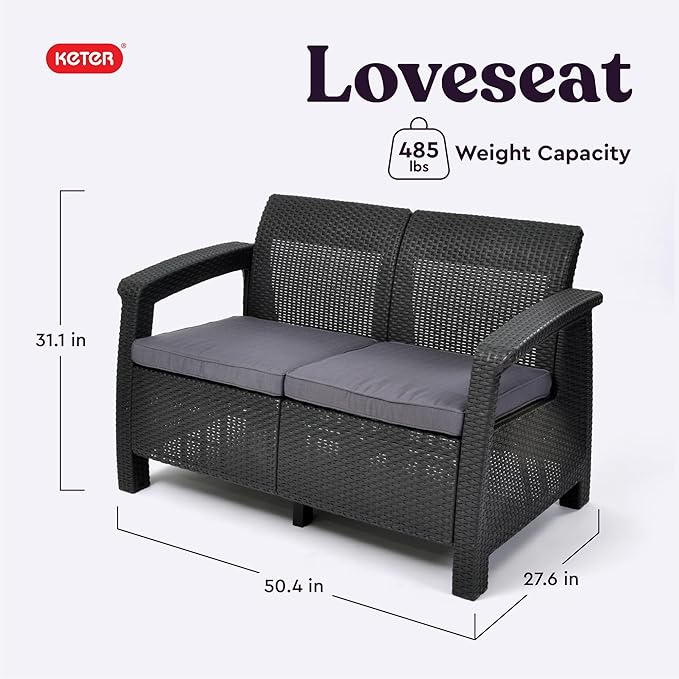 Keter Corfu 4 Piece Set All Weather Outdoor Patio Garden Furniture with Cushions, Charcoal