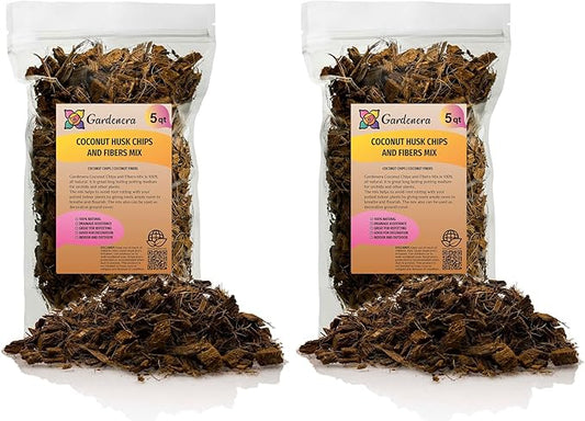 Premium Coconut Husk Chips and Fibers Mix for Orchids - 10 Quart - Houseplant, Monstera and Fiddle Leaf Fig by GARDENERA (2 Bags of 5 Quart)