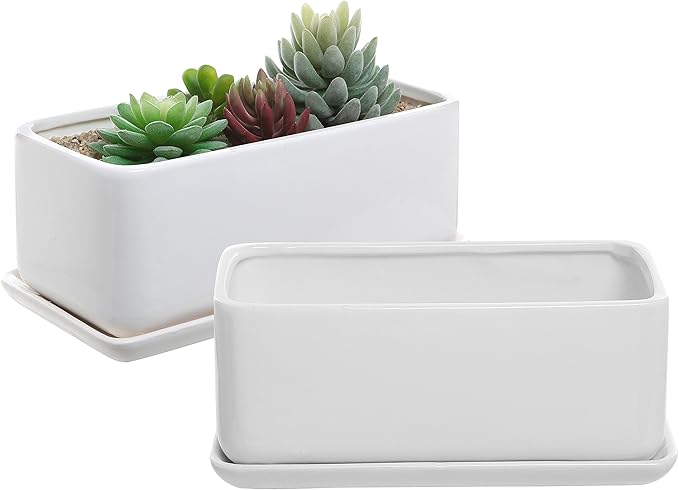 MyGift 14 Inch Modern Unglazed White Ceramic Indoor Plant Pot with Drainage Hole, Rectangular Succulent Planter Window Box with Removable Saucer, White (10 inch - 2 Pack)