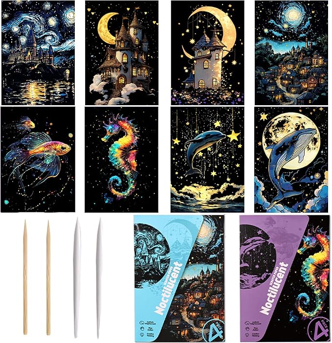 Georgie Porgy Scratch Paper Art Set for Kids Adults Magic Rainbow Scratchboards for DIY Arts and Crafts Kits Christmas Birthday Gift with Scratching Tools Kit (A5-Noctilucent Castle + Sea Animals)