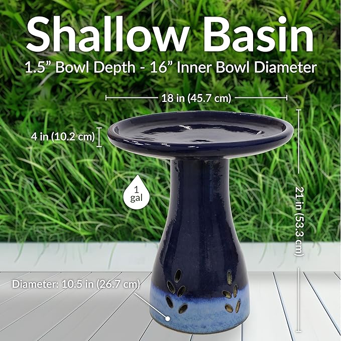 Sunnydaze 21" H Ceramic Bird Bath for Outside - Hand-Painted Outdoor Bird Bath Bowl, UV/Frost-Resistant Finish - Dark Blue - Cut Out Pedestal