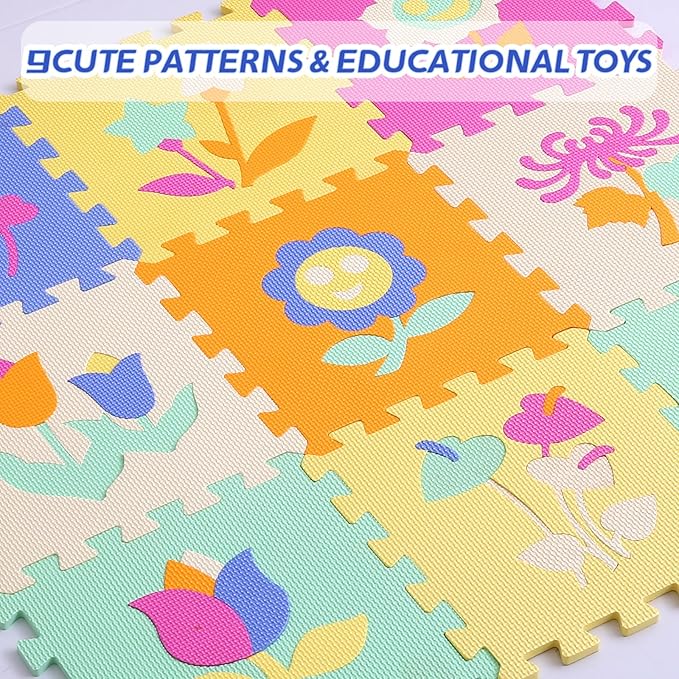 Coolcandy Baby Play Mat Without Fence, 9Pcs Interlocking Puzzle Floor Mat, 0.4" Thick Non-Toxic EVA Foam Play Mat, for Infants & Toddlers 3-36 Months, Soft Puzzle Tiles for Play Areas