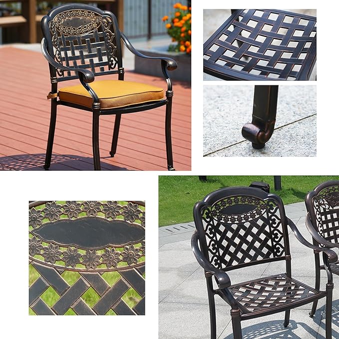Outdoor Dining Chair Cast Aluminum Patio Chairs Set of 2 All-Weather Patio Dining Chair with Adjustable Feet for Backyard Garden (Slanted Grid Square Chair)