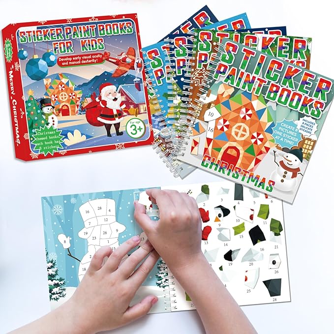 6 Pcs Christmas Paint by Sticker Books for Kids Ages 4-8 Sticker by Number Books Activity Book for Kids Ages 3-5 Sticker Puzzle Book Craft Art Toddler Girl Gift with Santa Snowman Reindeer 48 Pictures