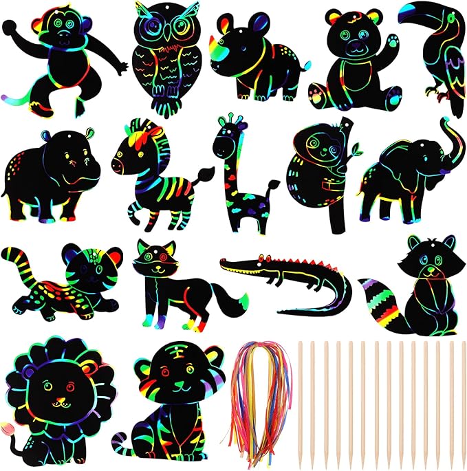 64 Pcs Wild Animal Scratch Cards DIY Rainbow Color Scratch Art Card Jungle Safari Animal Painting Scratch Off Paper for Kids Art Craft Kit with 64 Wood Stylus Ribbon for Home School Decor Party Favors