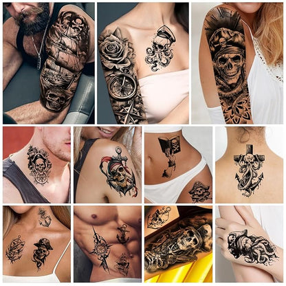 77 Sheets Pirate Skull Temporary Tattoo for Women Men, 17 Sheets Half Arm Large Flower Skeleton Octopus Fake Tattoos, 60 Sheets Anchor Clock Black Tiny for Adult Kids Body Tattoos Stickers Realistic