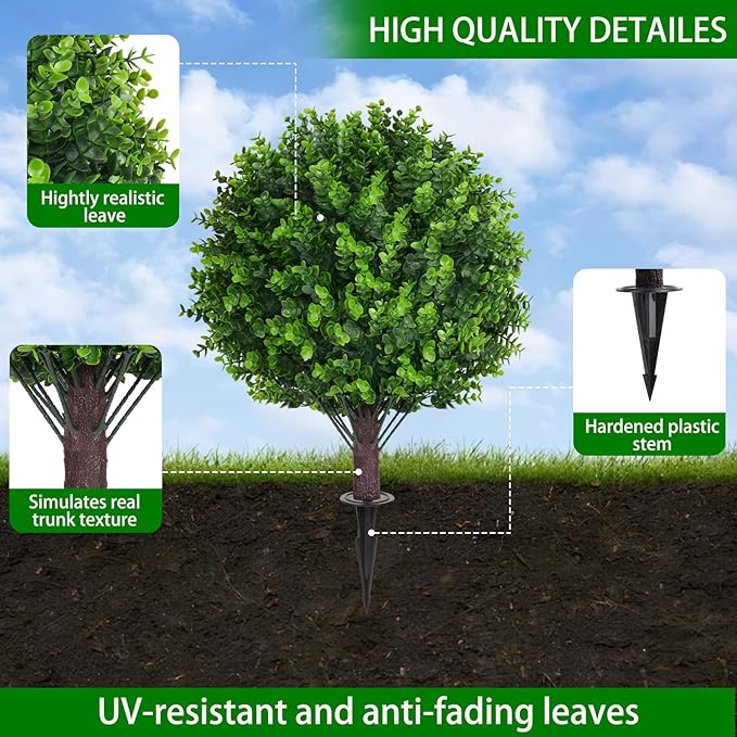 Artificial Eucalyptus Topiary Ball Trees with Ground Spike, Set of 2 UV Resistant Artificial Shrubs, Fake Evergreen Artificial Plant Bushes for Indoor Outdoor Front Porch Garden