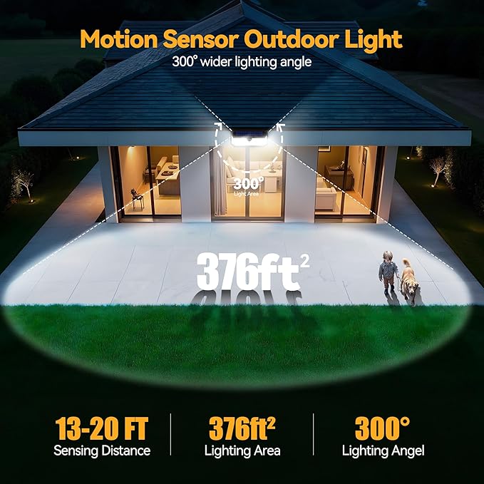 TECKNET 416 LED Solar Lights Outdoor Waterproof, 300° Angle & 3 Lighting Modes Motion Sensor Outdoor Lights, 2 Pack Security Solar Flood Lights IP66 for Fence Front Door Yard Deck Garden Garage