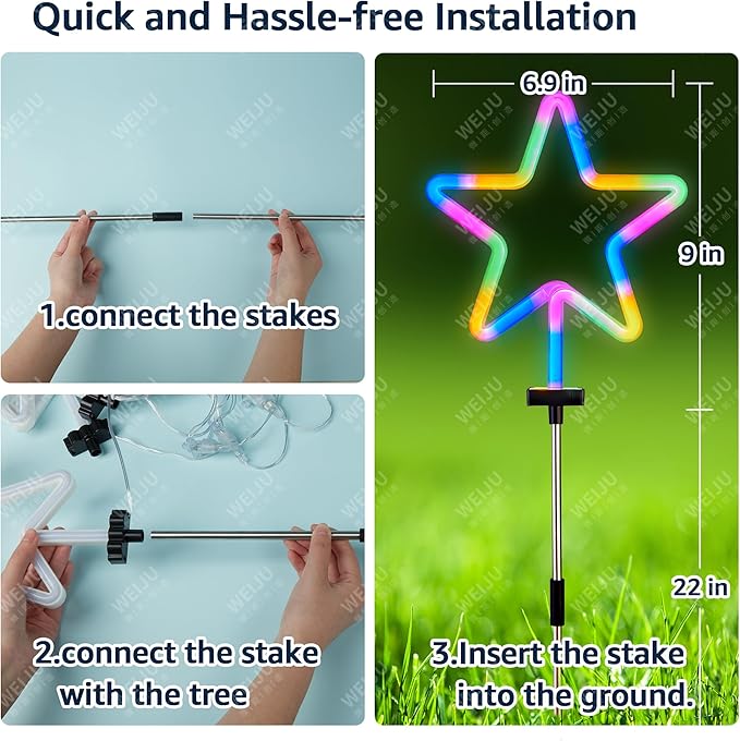 BlcTec Christmas Decorations Outdoor, 4PCS Neon Christmas Star String Lights with Stainless Steel Stakes, Waterproof Star Christmas Lights for Garden, Patio, Yard, Lawn, Pathway Xmas Décor, Multicolor