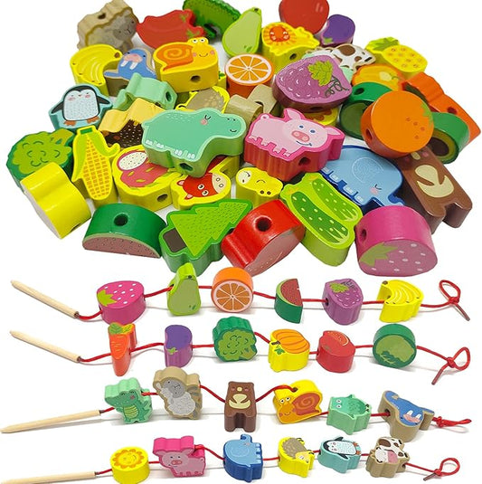 46 PCS Wooden Lacing Beads,Animals Fruits Threading Toys for Toddlers,Preschool Learning Lacing Toys,Montessori Educational Stringing Threading Beads Toys for Kids 3 4 5 6 Year Old Boys Girls