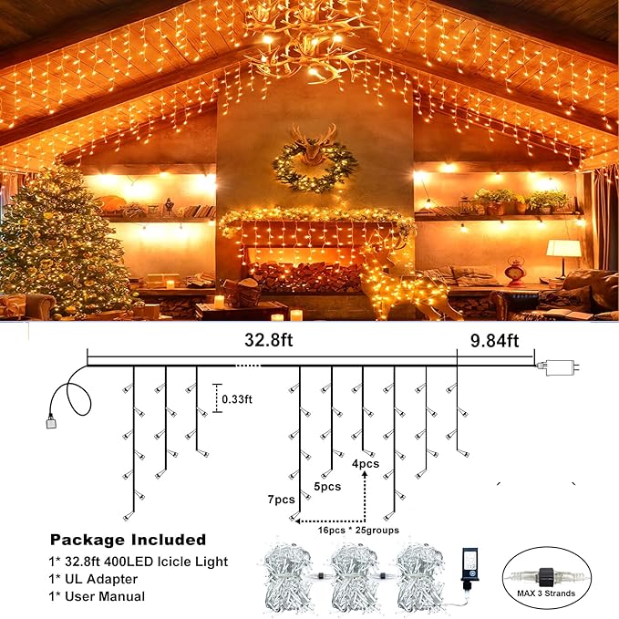 Icicle Lights for Outside, 33FT 400 LED Christmas Lights with 8 Modes Waterproof, Plug in Connectable Curtain Hanging Lights for Outdoor Indoor House Roof Party Wedding, Orange
