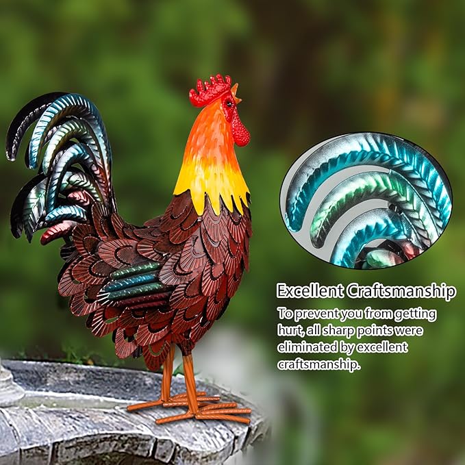 XONOR Metal Rooster Statues, Garden Chicken Decorations, Outdoor Chicken Sculpture, Metal Yard Rooster Artwork for Outdoor, Patio, Backyard and Home Kitchen Decoration (1pc, Red Brown)