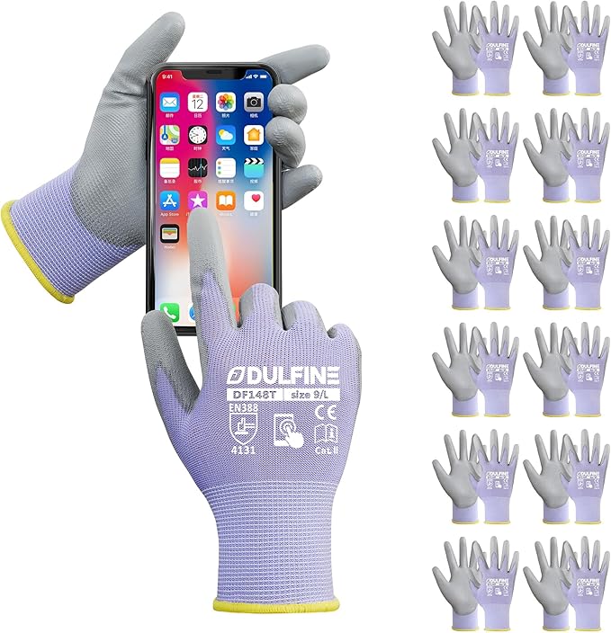DULFINE Work Gloves for Men PU Coated 12 Pairs Bulk Pack,Purple Seamless Knit Glove with thin Polyurethane,Two Finger Touchscreen, for Men and Women, Ideal for Light Duty Work. (Small)