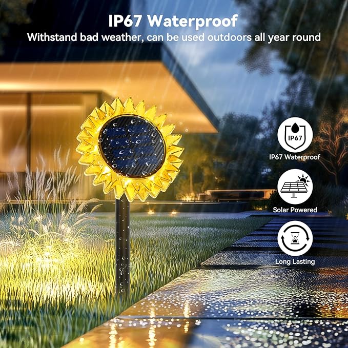 Outdoor Solar Lights, 2 Pack Led Solar Sunflower Lights, Stake/Wall 2-in-1 Waterproof Solar Garden Lights for Yard, Landscape, Fence, Patio, Driveway, Pathway, Backyard Decoration (Warm White)
