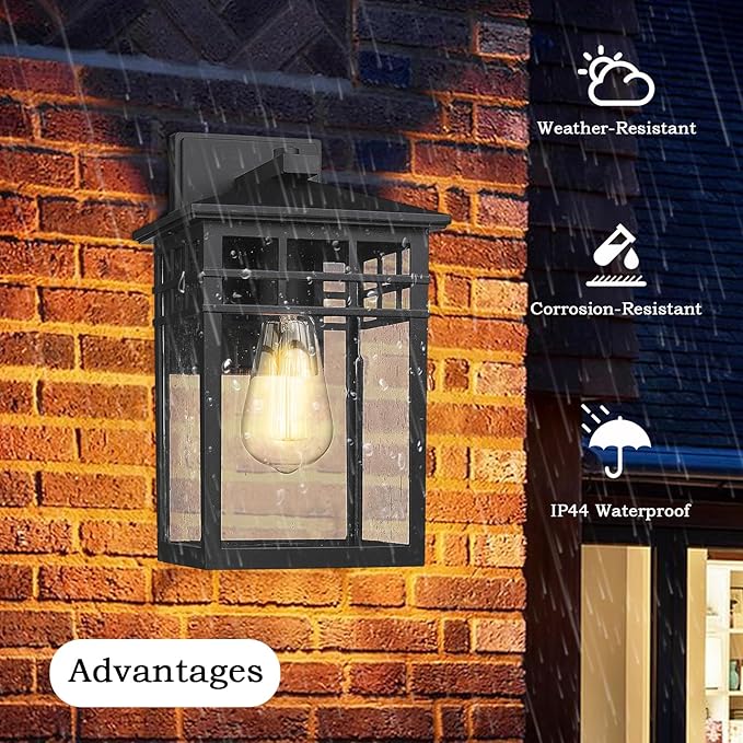 Outdoor Light Fixture Wall Mount, Modern Exterior Lights Fixture Wall Sconces with Seeded Glass for Front Porch, Farmhouse Rustic Waterproof Lantern Lamp in Black Finish for Home, Barn, Garage