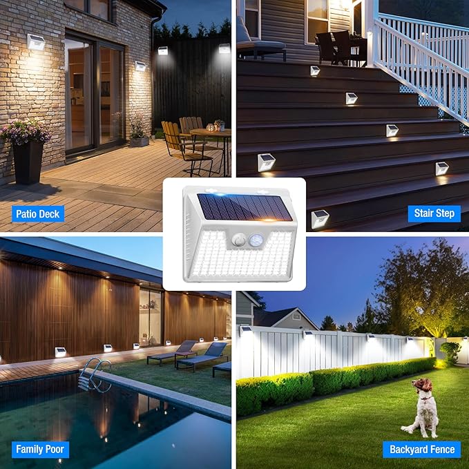 Peasur Solar Powered Lights Outdoor Motion Sensor, 2 Pack 140 LED Fence Light Waterproof, White Frame Security Wall Lighting for Outside Deck Yard Patio House Step