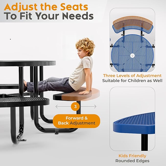 Metal Picnic Tables for Outdoors with Umbrella Hole - Coated Steel Heavy Duty Commercial Grade Table with Adjustable Seats (Blue, 46 in, Round, Expanded Steel)