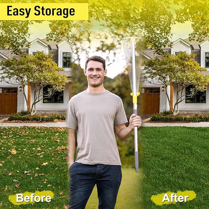 JARDINEER Adjustable Rakes for Leaves, Larger Garden Leaf Rake for Lawns Grass with 7-23" Expandable Head, Yard Collapsible Rake for Camping (64 inches)