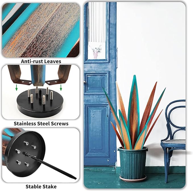 Large Tequila Rustic Sculpture, Metal Agave Plants for Outdoor Patio, Home Decor Hand Painted Garden Statue, Lawn Ornaments Yard Stakes (Blue - M)