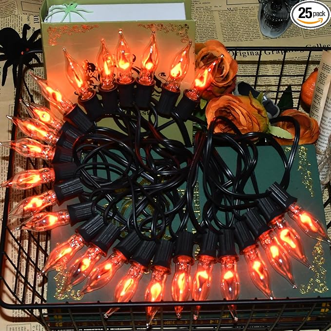 27.8Ft Halloween Decorations Flickering Flame String Lights with 29 Pack Clear Glass Flame Light Bulbs (4 Spare), E12 Base, Great for Christmas Halloween Indoor Outdoor Home Party Decor, Black Wire