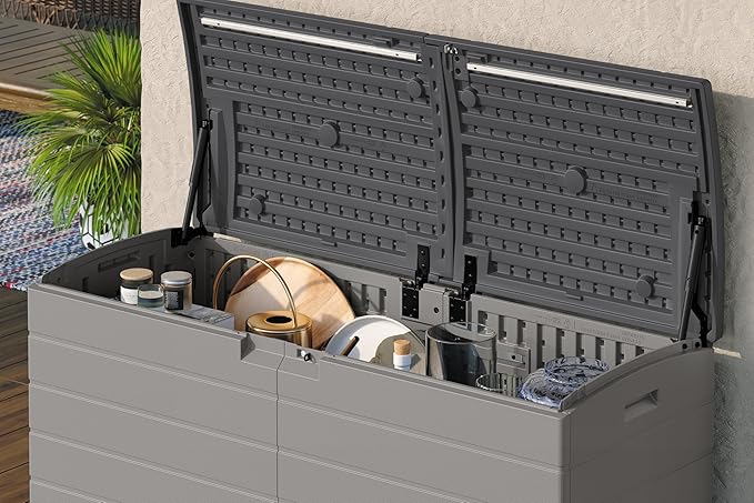 Suncast 120-Gal. All-Weather Patio Deck Box with Pad-Lockable Split Top Lid, Extra-Large Outdoor Storage Unit for Patio Furniture and Grill Tools, Made in the USA
