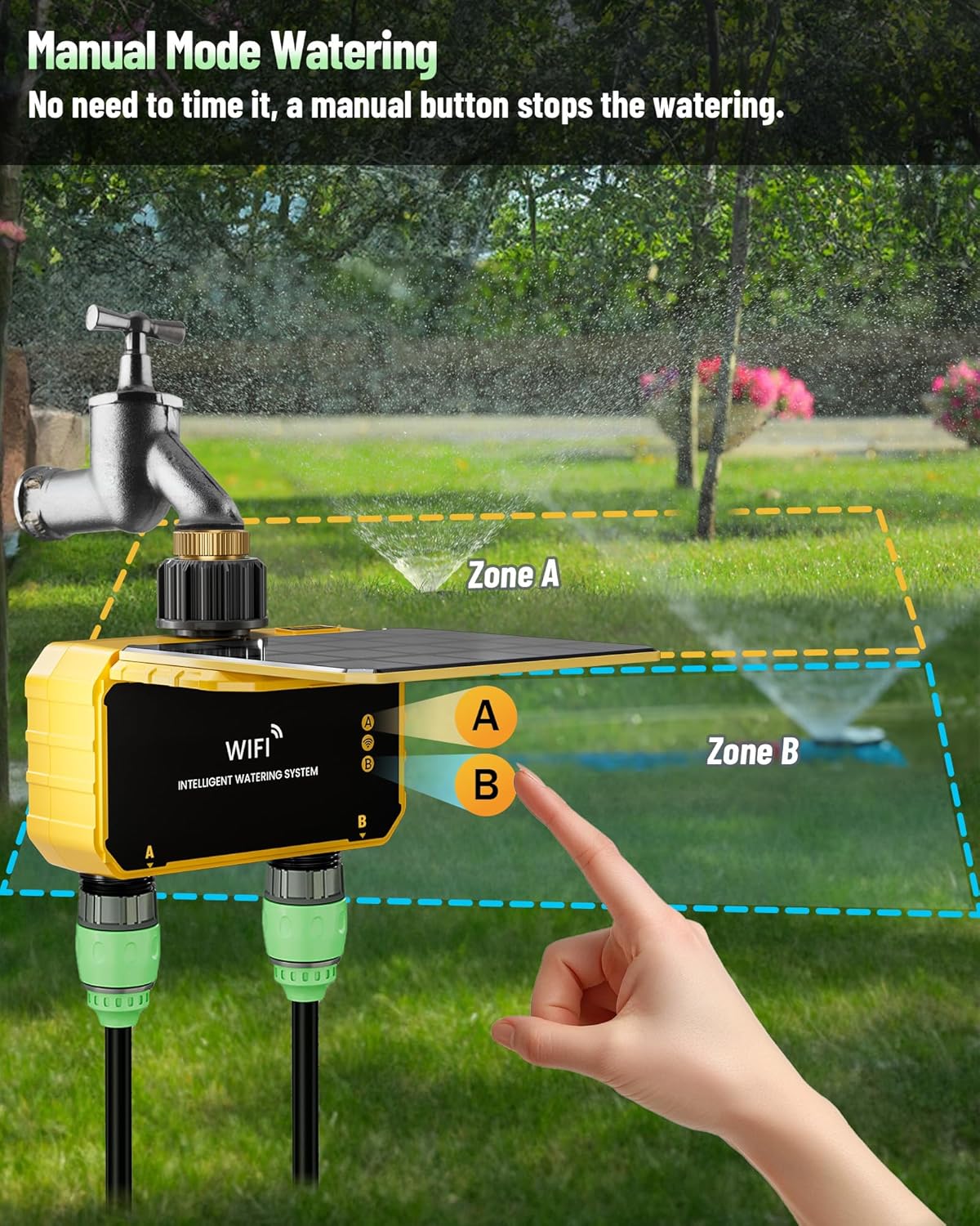 Smart WiFi Water Timer 2 Zone No Need Gateway, Solar WiFi Sprinkler Valve Timer for Garden Hose APP & Remote Control Alexa & Google Voice Compatible,Rain Delay, Manual Mode Sprinkler System