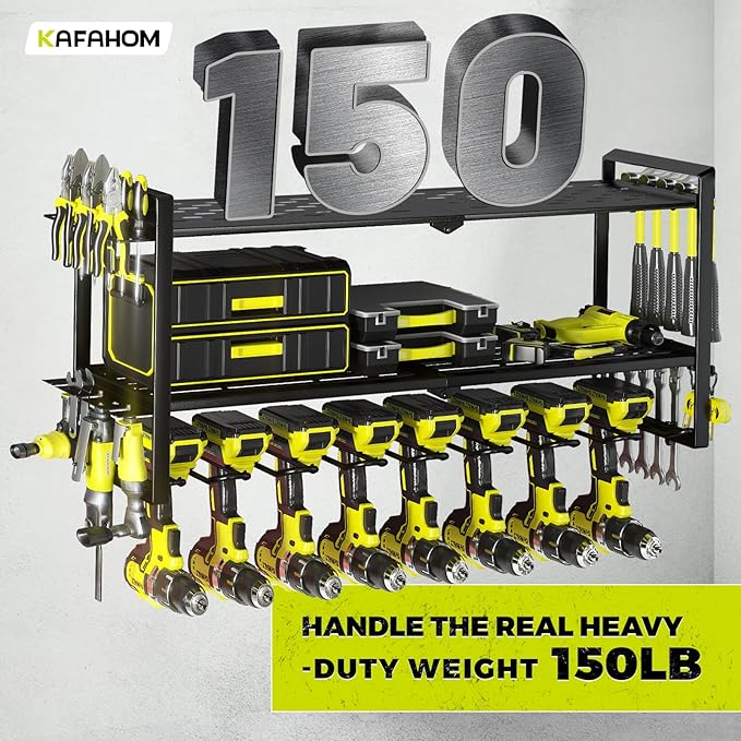 KAFAHOM Power Tool Organizer for Tool Storage, 8 Drill Holder Wall Mount, Tool Holder and Storage Rack for Garage Organization, Heavy Duty Metal Tool Shelf with Air tool/Screwdriver/Hammer Holder