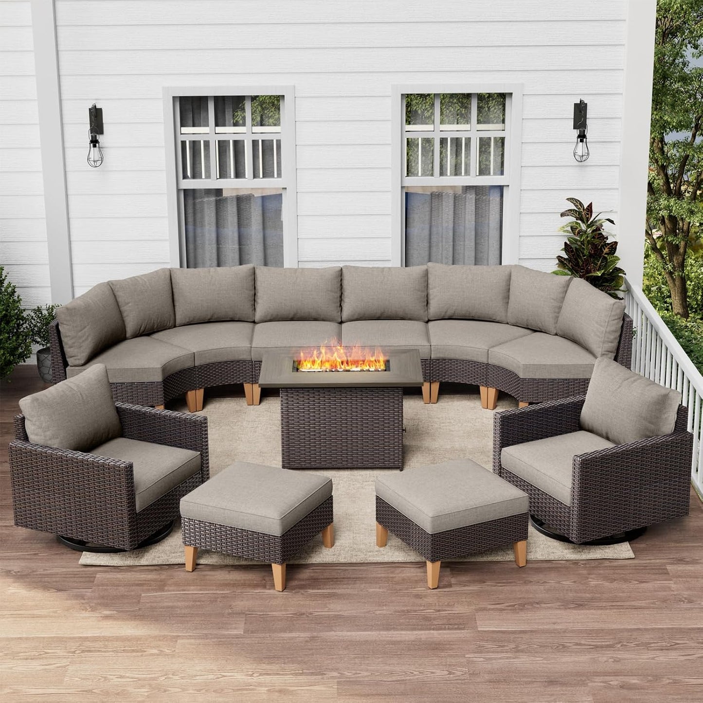HUMMUH Patio Furniture Set with Fire Pit Table,Outdoor Sectional Couches Swivel Patio Chairs and Ottomans,All Weather PE Wicker 11 Pieces Patio Conversation Sets for Garden Porch Backyard in Grey