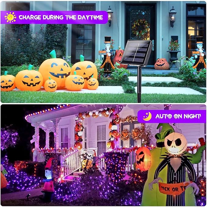 EEW 2 Pack 200 LED Solar Halloween Lights Outdoor Waterproof, Solar String Lights for Outside, Solar Powered Tree Light with 8 Lighting Modes for Xmas Party Garden Yard Halloween Decorations (Purple)