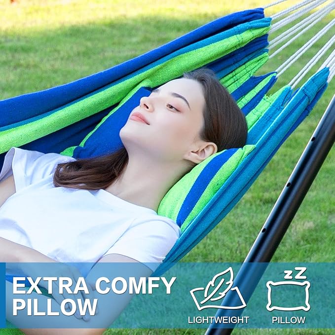 PNAEUT Double Hammocks with Stand for Outside, Portable Space Saving Heavy-Duty Steel Stand for Indoor Outdoor Patio with Carrying Bag, 450 lbs Capacity (Blue)