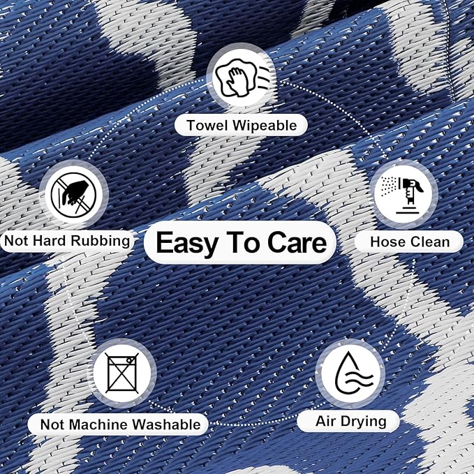 OutdoorLines Outdoor Plastic Area Rugs for Patio 5x8 ft - Reversible Outside Carpet, Stain & UV Resistant RV Mats, Straw Rug for Camping, Deck Garden, Porch and Balcony, Moroccan Navy & Light Grey