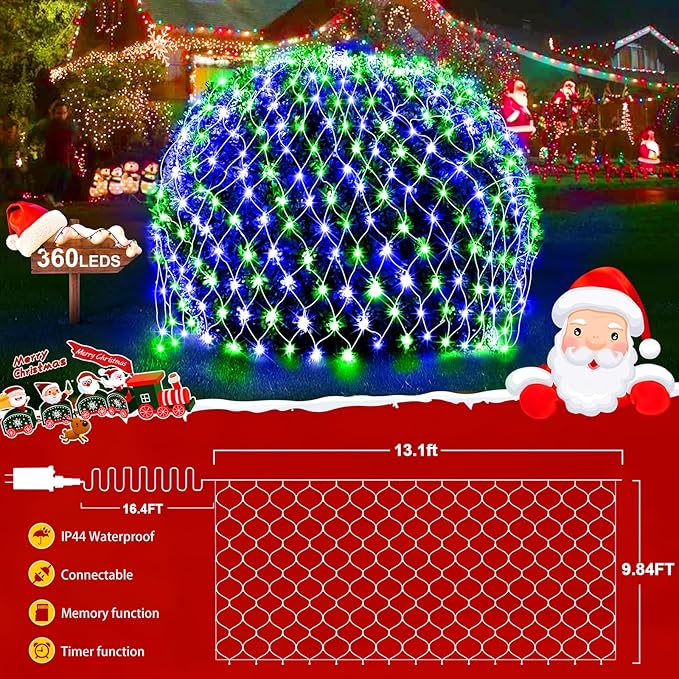 KNONEW Christmas Net Lights 360 LEDs 13ft x 9.8ft Outdoor Mesh Lights Connectable Waterproof 8 Modes & Timer Plug-in Net Fairy Lights for Bushes Garden Party Wedding Holiday,Blue and Green