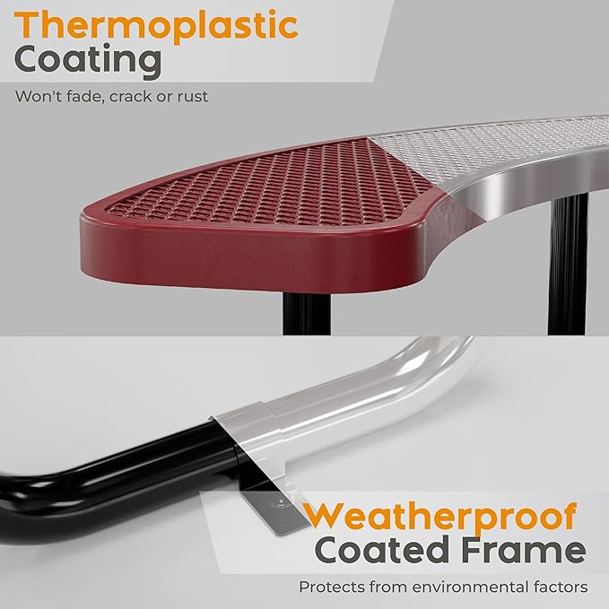 Metal Picnic Tables for Outdoors with Umbrella Hole - Coated Steel Heavy Duty Commercial Grade Table with Adjustable Seats (Red, 46 in, Round, Expanded Steel)