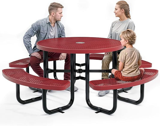Metal Picnic Tables for Outdoors with Umbrella Hole - Coated Steel Heavy Duty Commercial Grade Table with Adjustable Seats (Red, 46 in, Round, Expanded Steel)